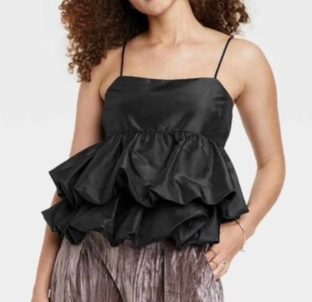 A New Day Satin Tiered Taffeta Bubble Hem Tank Top Black Small